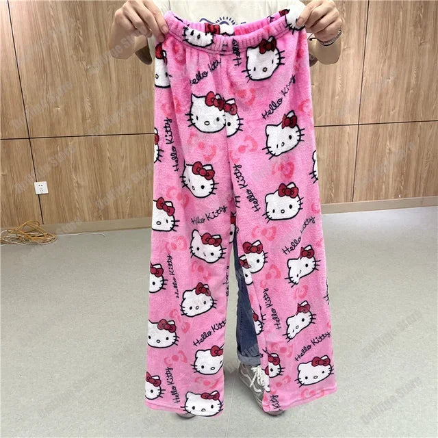 Sanrio Hello Kitty Anime Y2k Kawaii Flannel Pajamas Women'S Warm Woolen Cartoon Casual Home Pants Autumn Winter Fashion Trousers