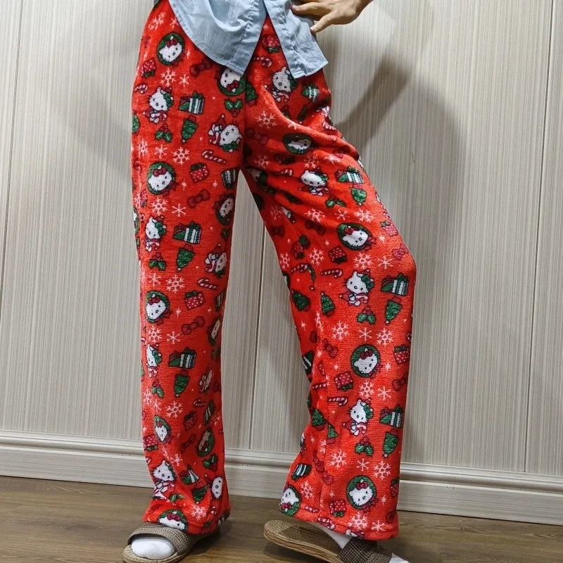 Sanrio Hello Kitty Anime Y2k Kawaii Flannel Pajamas Women'S Warm Woolen Cartoon Casual Home Pants Autumn Winter Fashion Trousers