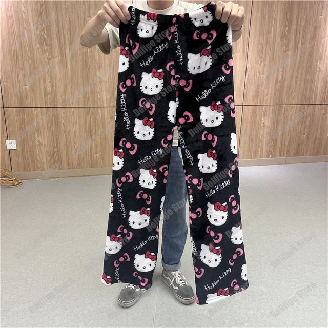 Sanrio Hello Kitty Anime Y2k Kawaii Flannel Pajamas Women'S Warm Woolen Cartoon Casual Home Pants Autumn Winter Fashion Trousers