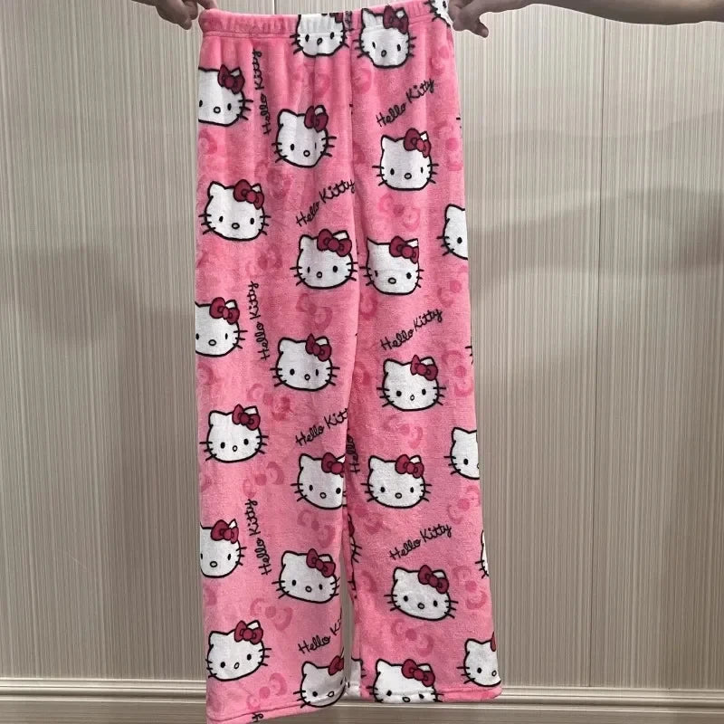 Sanrio Hello Kitty Anime Y2k Kawaii Flannel Pajamas Women'S Warm Woolen Cartoon Casual Home Pants Autumn Winter Fashion Trousers