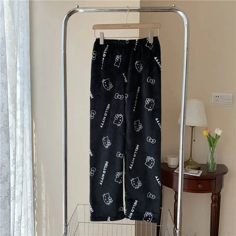 Sanrio Hello Kitty Anime Y2k Kawaii Flannel Pajamas Women'S Warm Woolen Cartoon Casual Home Pants Autumn Winter Fashion Trousers