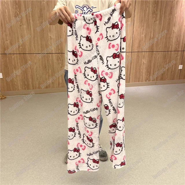 Sanrio Hello Kitty Anime Y2k Kawaii Flannel Pajamas Women'S Warm Woolen Cartoon Casual Home Pants Autumn Winter Fashion Trousers