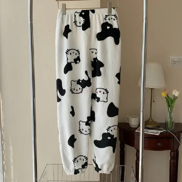 Sanrio Hello Kitty Anime Y2k Kawaii Flannel Pajamas Women'S Warm Woolen Cartoon Casual Home Pants Autumn Winter Fashion Trousers
