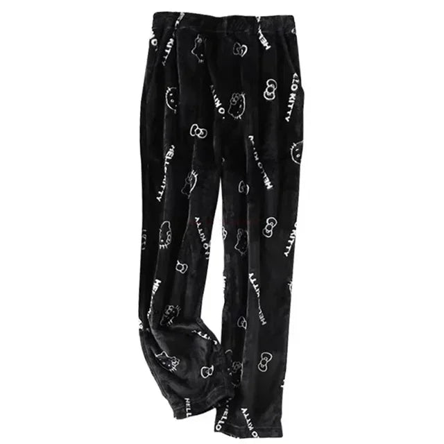 Sanrio Hello Kitty Anime Y2k Kawaii Flannel Pajamas Women'S Warm Woolen Cartoon Casual Home Pants Autumn Winter Fashion Trousers