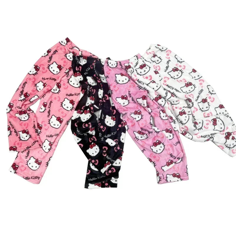 Sanrio Hello Kitty Anime Y2k Kawaii Flannel Pajamas Women'S Warm Woolen Cartoon Casual Home Pants Autumn Winter Fashion Trousers