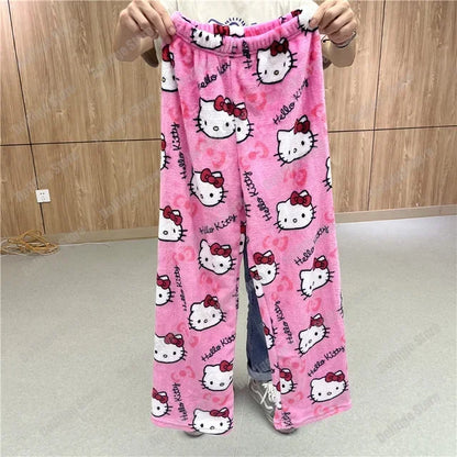 Sanrio Hello Kitty Anime Y2k Kawaii Flannel Pajamas Women'S Warm Woolen Cartoon Casual Home Pants Autumn Winter Fashion Trousers