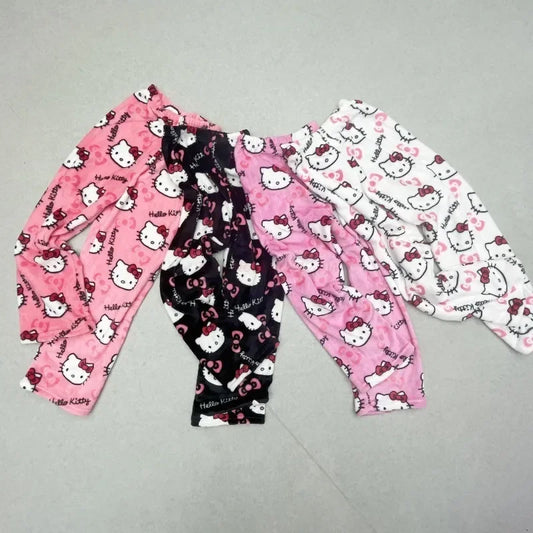 Sanrio Hello Kitty Anime Y2k Kawaii Flannel Pajamas Women'S Warm Woolen Cartoon Casual Home Pants Autumn Winter Fashion Trousers