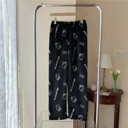 Sanrio Hello Kitty Anime Y2k Kawaii Flannel Pajamas Women'S Warm Woolen Cartoon Casual Home Pants Autumn Winter Fashion Trousers