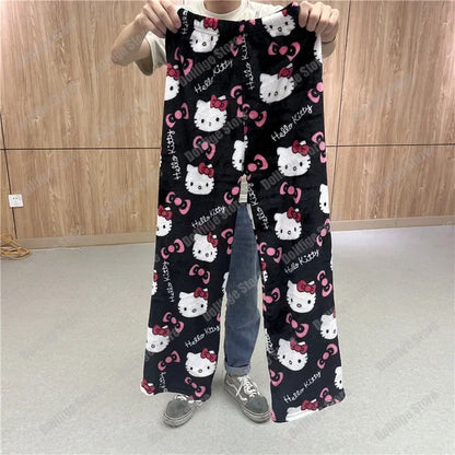 Sanrio Hello Kitty Anime Y2k Kawaii Flannel Pajamas Women'S Warm Woolen Cartoon Casual Home Pants Autumn Winter Fashion Trousers