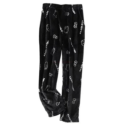 Sanrio Hello Kitty Anime Y2k Kawaii Flannel Pajamas Women'S Warm Woolen Cartoon Casual Home Pants Autumn Winter Fashion Trousers