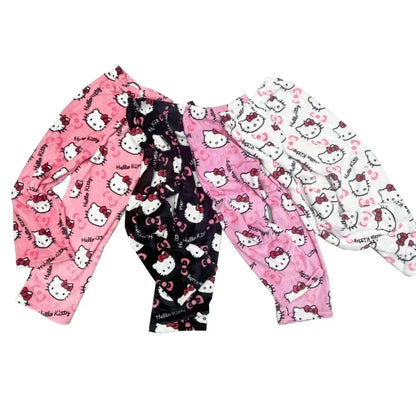 Sanrio Hello Kitty Anime Y2k Kawaii Flannel Pajamas Women'S Warm Woolen Cartoon Casual Home Pants Autumn Winter Fashion Trousers